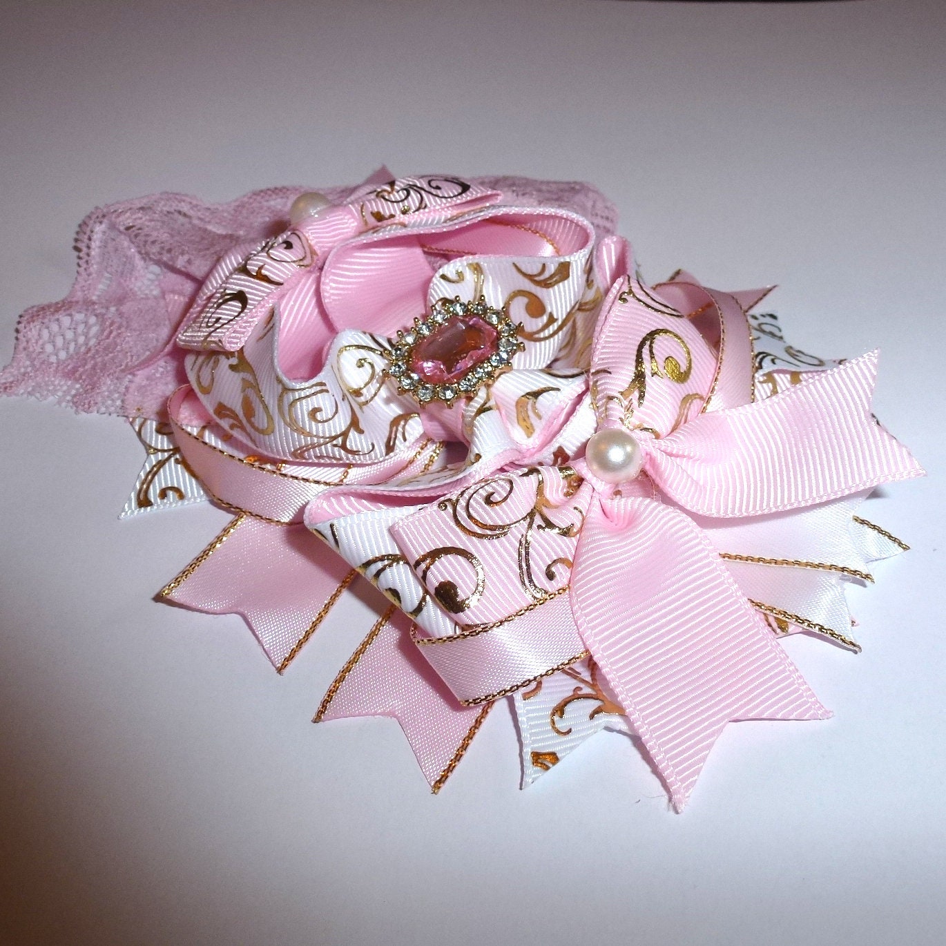 Puppy Bows ~ Pink gold lace rhinestone pearls over the top amazing! dog collar slide flower barrette hair accessory ~USA seller (DC9)