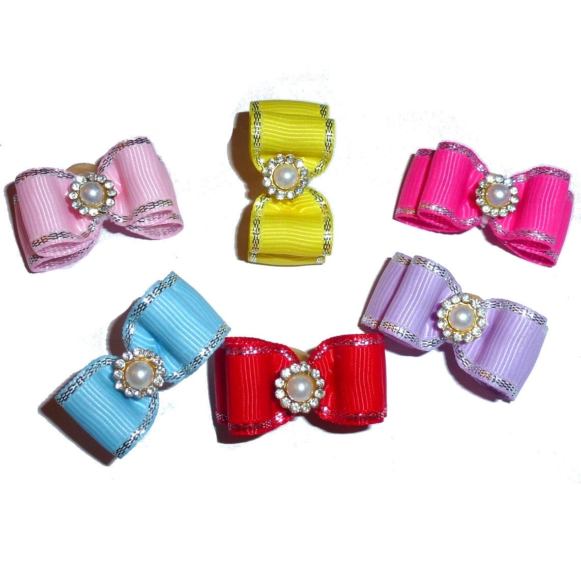 Puppy Bows ~ Pearl rhinestone 5/8" stiffened show pet hair bow ~USA seller (FB256)