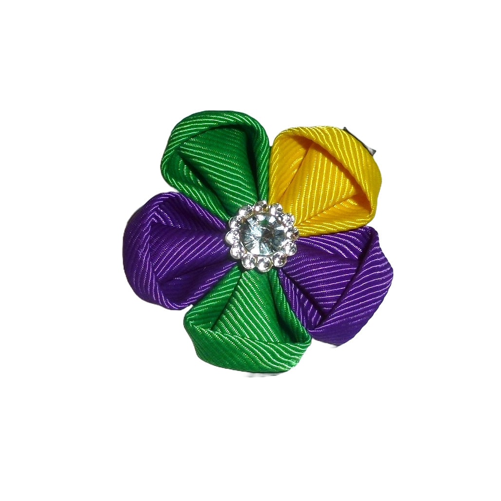 Puppy Bows ~ Mardi gras flower pet hair bow latex bands or barrette (fb47c)