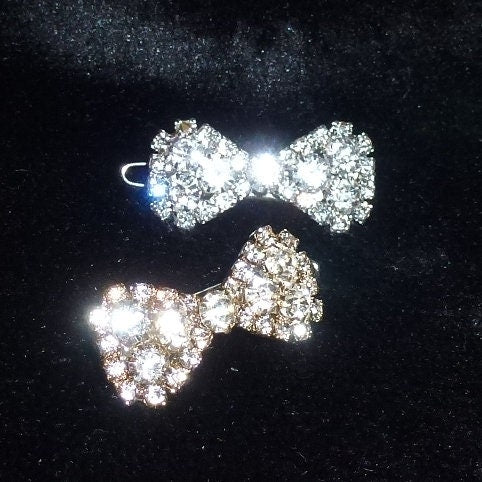 Puppy Bows TINY Sparkling crystal silver or gold bow rhinestone pet hair bowknot barrette 1" (rb101)