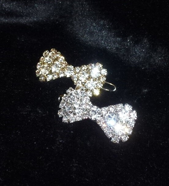 Puppy Bows TINY Sparkling crystal silver or gold bow rhinestone pet hair bowknot barrette 1" (rb101)