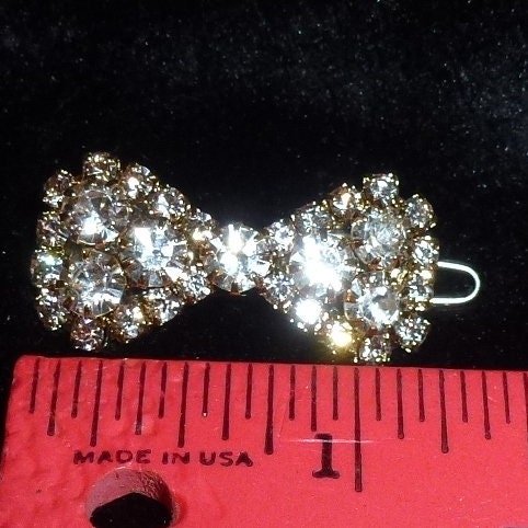 Puppy Bows TINY Sparkling crystal silver or gold bow rhinestone pet hair bowknot barrette 1" (rb101)