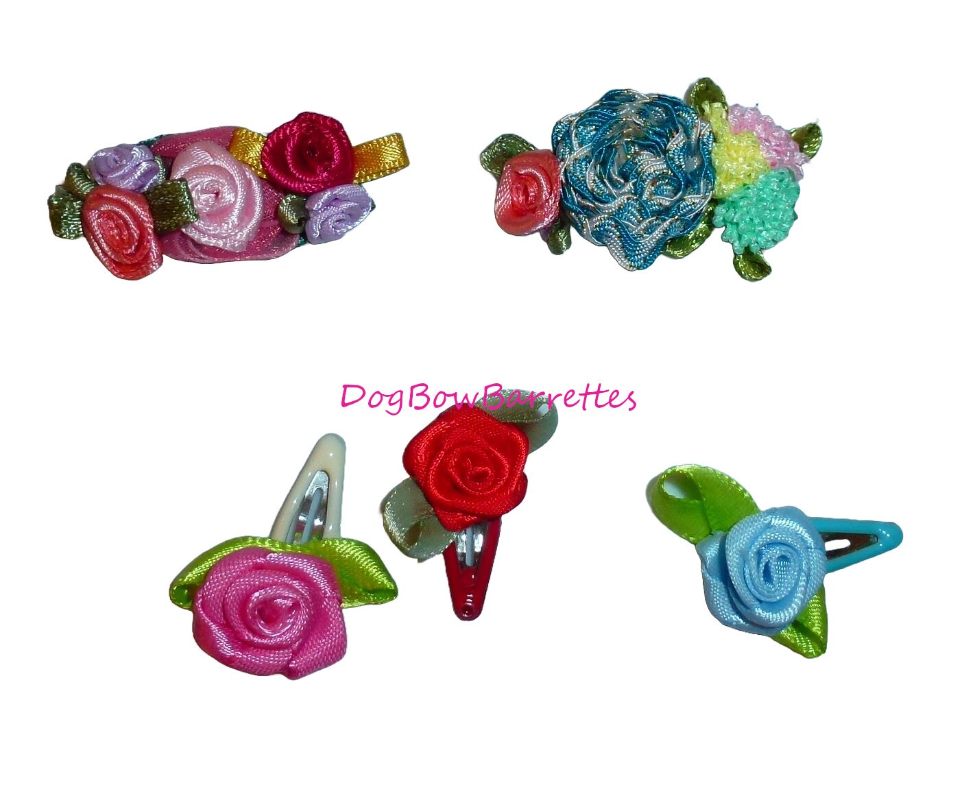 Dog hair bows tiny satin flower 5pcs bow barrette snap clip