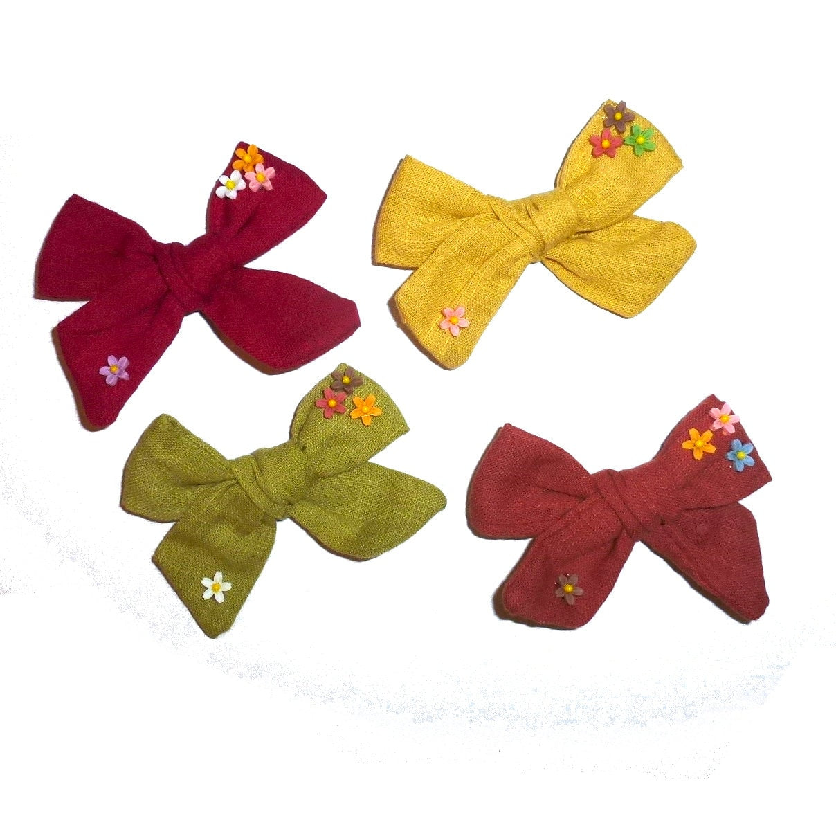 Puppy Bows ~ Pretty fall Autumn linen bows with tiny flowers dog pet hair bowknot bow bands or barrette (fb410)