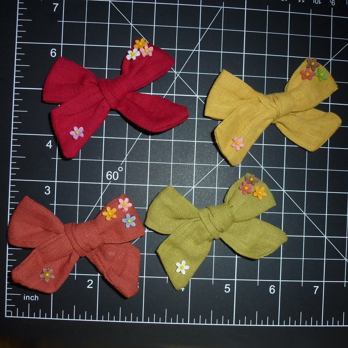 Puppy Bows ~ Pretty fall Autumn linen bows with tiny flowers dog pet hair bowknot bow bands or barrette (fb410)
