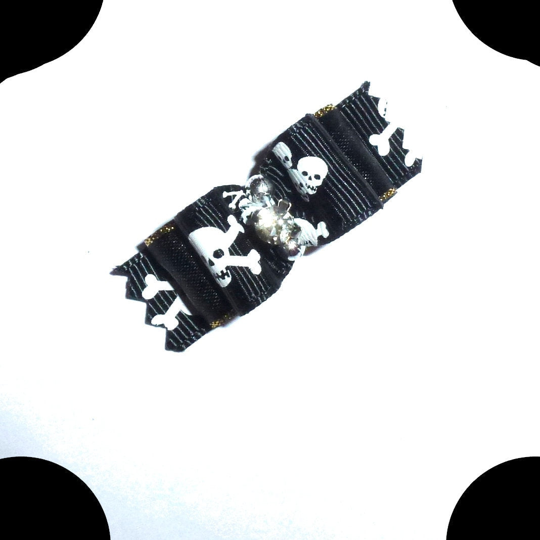 SALE 2 for 3.00 Halloween skull crossbones black white pet hair show bow barrettes or bands (R27A)