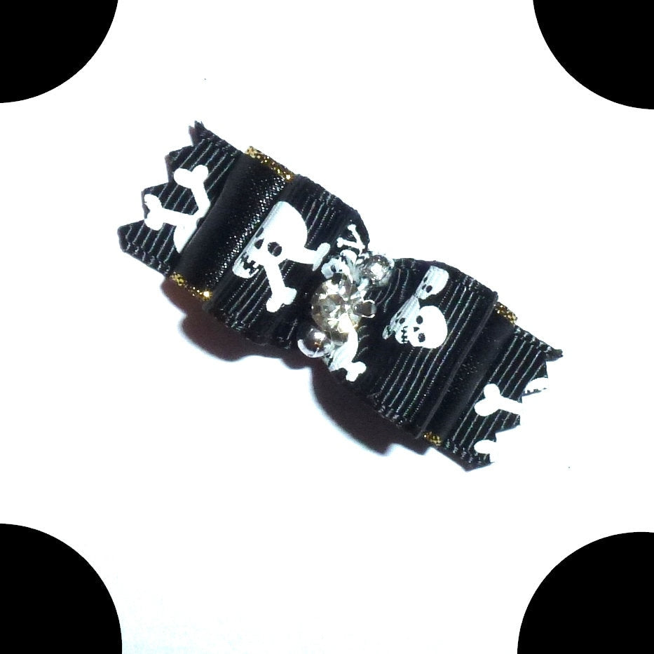 SALE 2 for 3.00 Halloween skull crossbones black white pet hair show bow barrettes or bands (R27A)