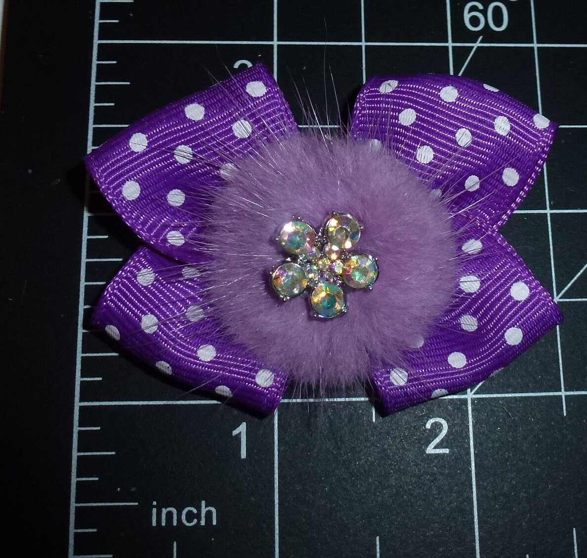 Dog Bow Barrettes purple dots fur puff rhinestone flower pet hair grooming bows (FB19)