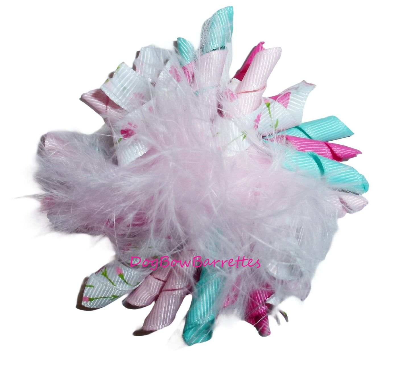 Puppy Bows feather boa pink blue fuzzy Korker loop hair bow or collar slide pet hair clip barrette or latex bands (fb120)