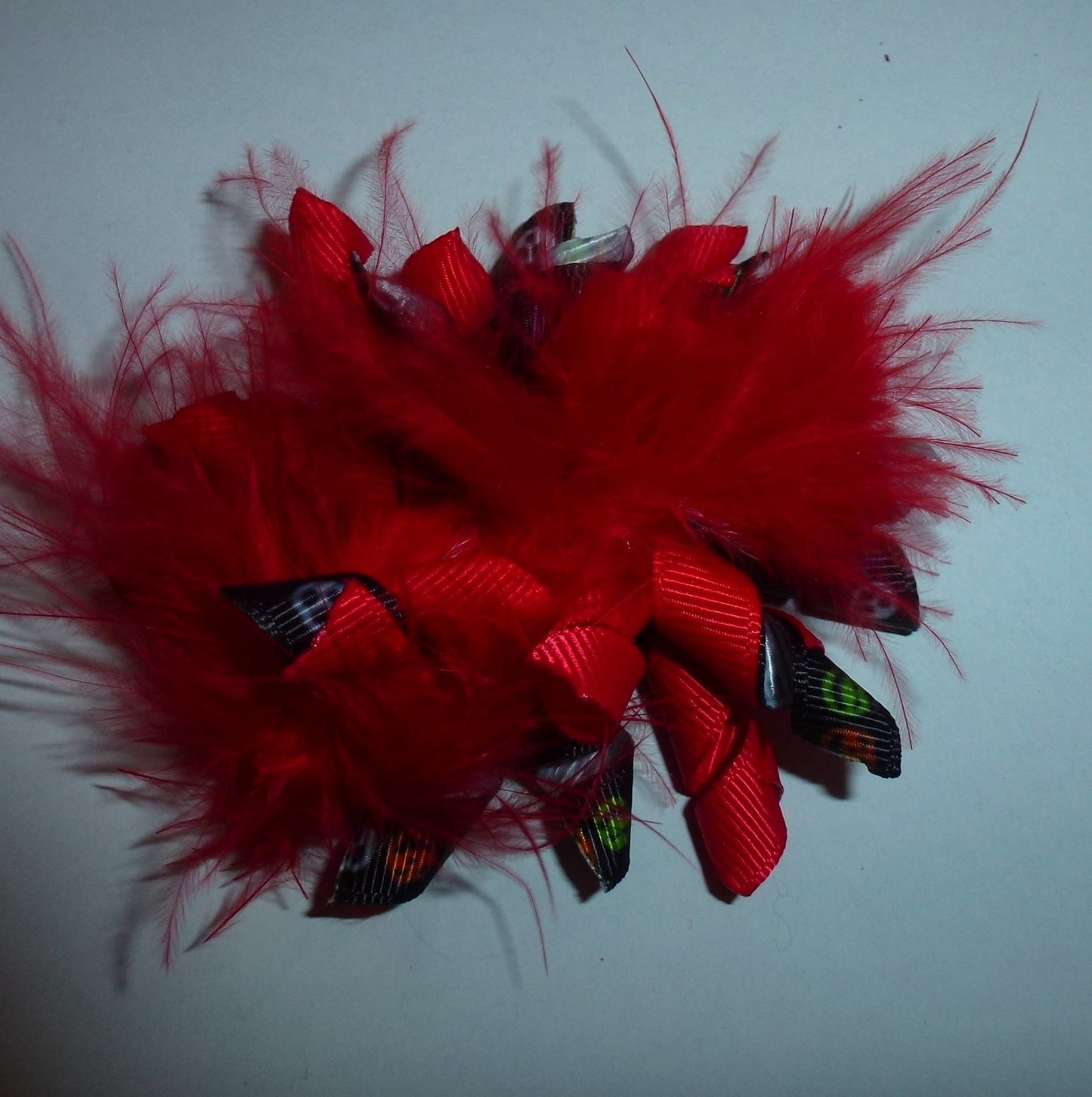 Puppy Bows feather boa red fuzzy Korker loop hair bow or collar slide pet hair clip barrette or latex bands (fb120)