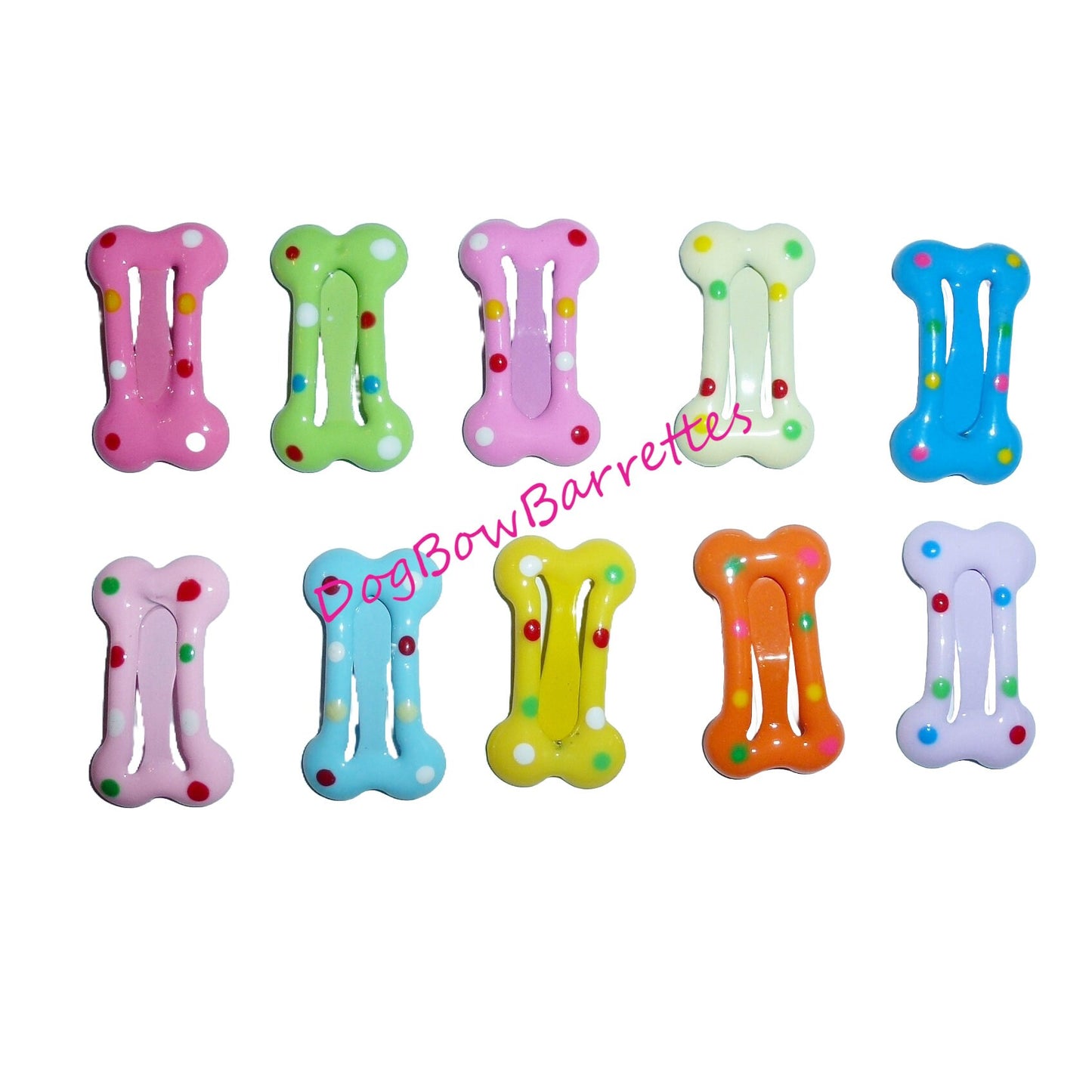 Puppy Bows ~ Barrette snap clip 10 enamel covered polka dots dog bone shape bow pet hairclip (FB19A)