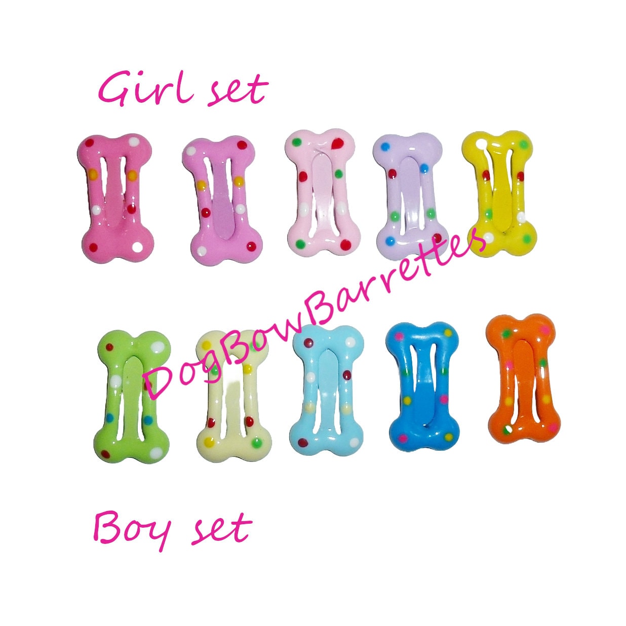 Puppy Bows ~ Barrette snap clip 10 enamel covered polka dots dog bone shape bow pet hairclip (FB19A)