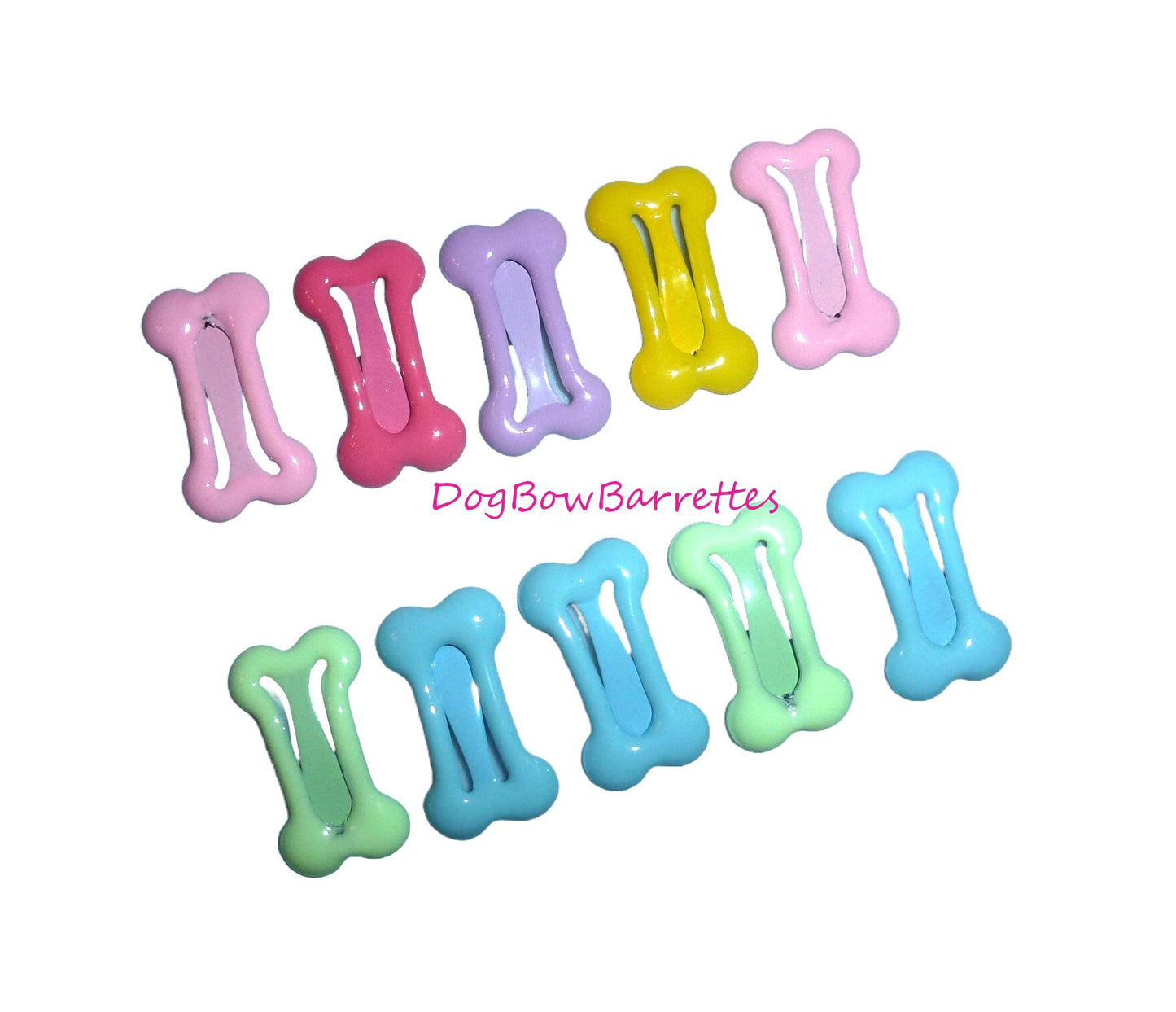 Puppy Bows ~ Barrette snap clip 10 enamel covered polka dots dog bone shape bow pet hairclip (FB19A)