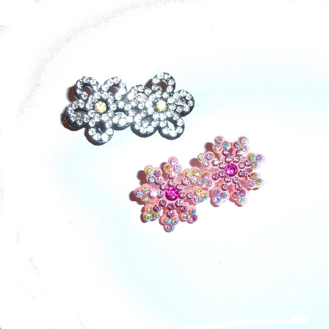 Puppy Bows ~ rhinestone pink snowflakes or flowers small under 1" pet hair bow - (fb404)