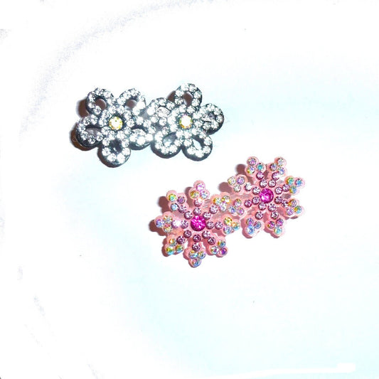 Puppy Bows ~  rhinestone pink snowflakes or flowers small  under 1" pet hair bow  - (fb404)