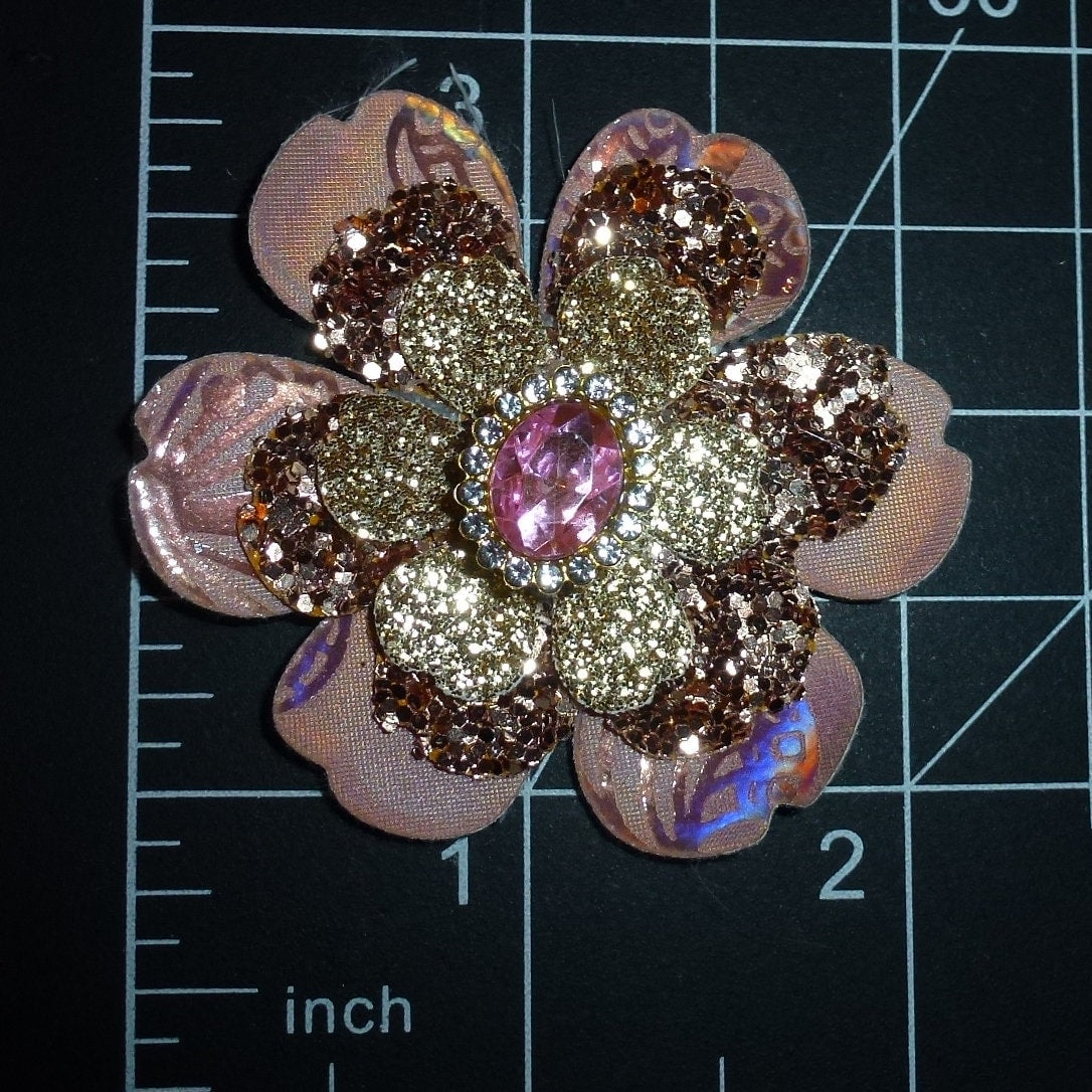 Dog pet hair grooming bow Rose gold glitter layered flower center jewel band or barrette clip (FB1G)