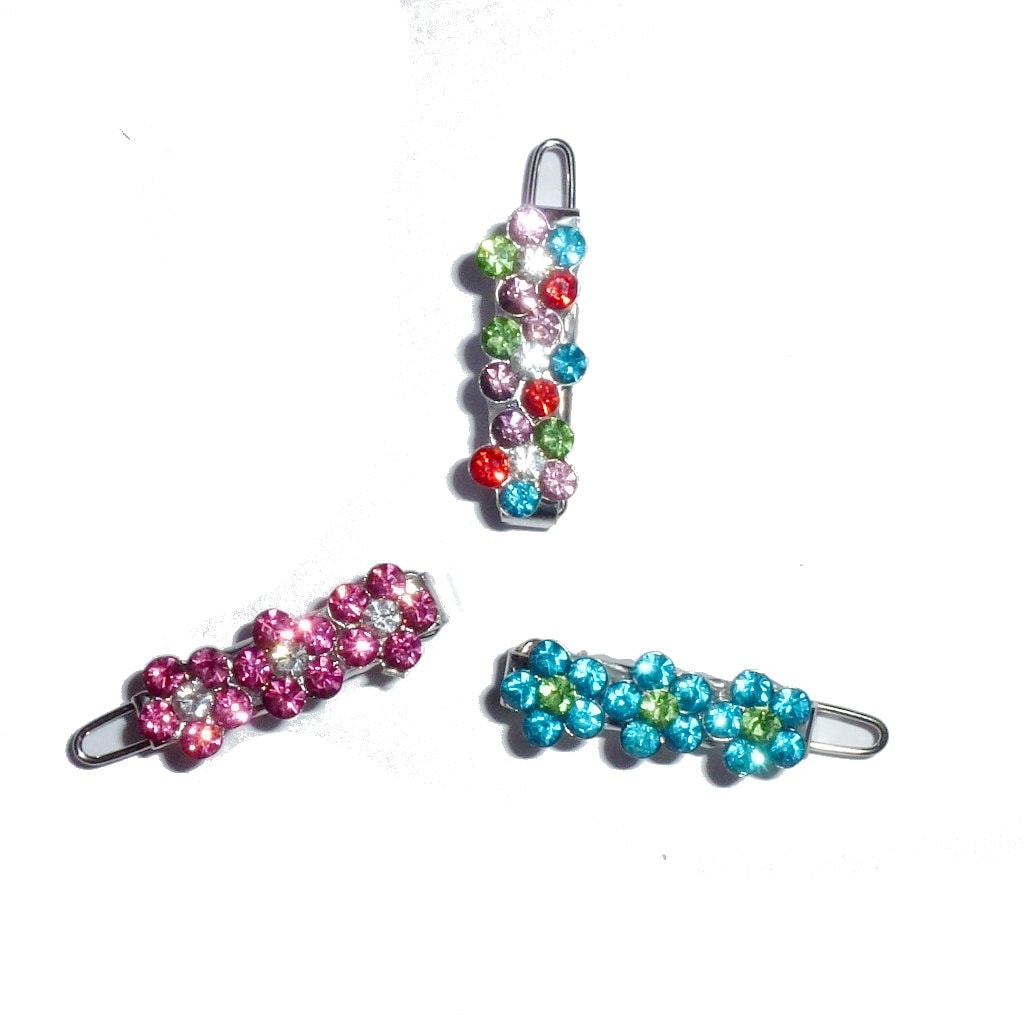 Puppy Bows ~ Wee super tiny 25mm hair flower clips for dogs bow pet barrette pink peacock blue or multi rainbow rhinestone (TB3)