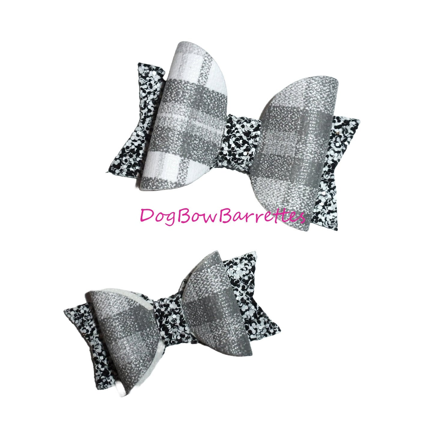 Dog Bow Barrettes Classy gray black white plaid glitter pet hair grooming bows