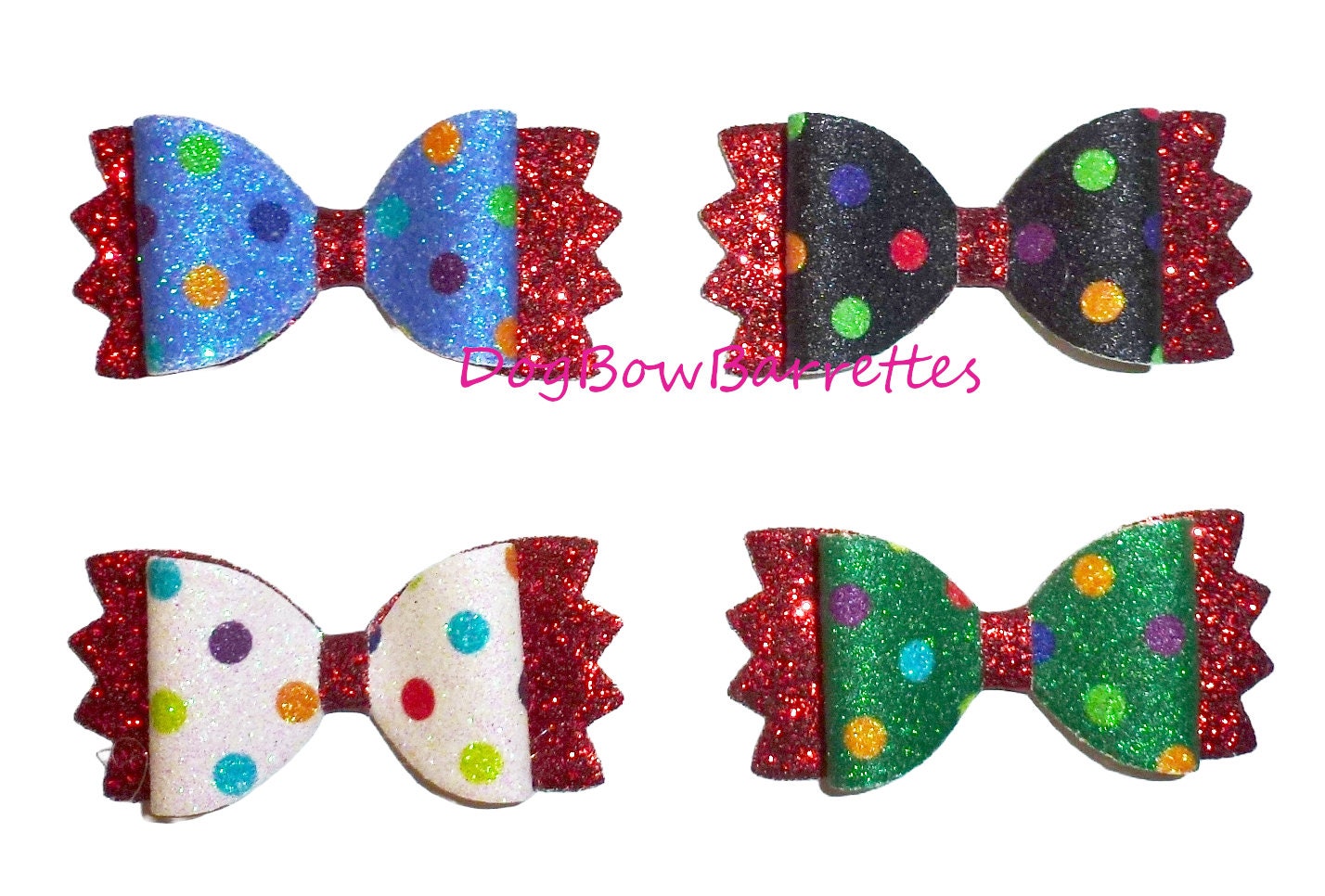 Dog Bow Barrettes multicolor glitter dots pet hair grooming bows (glbx)