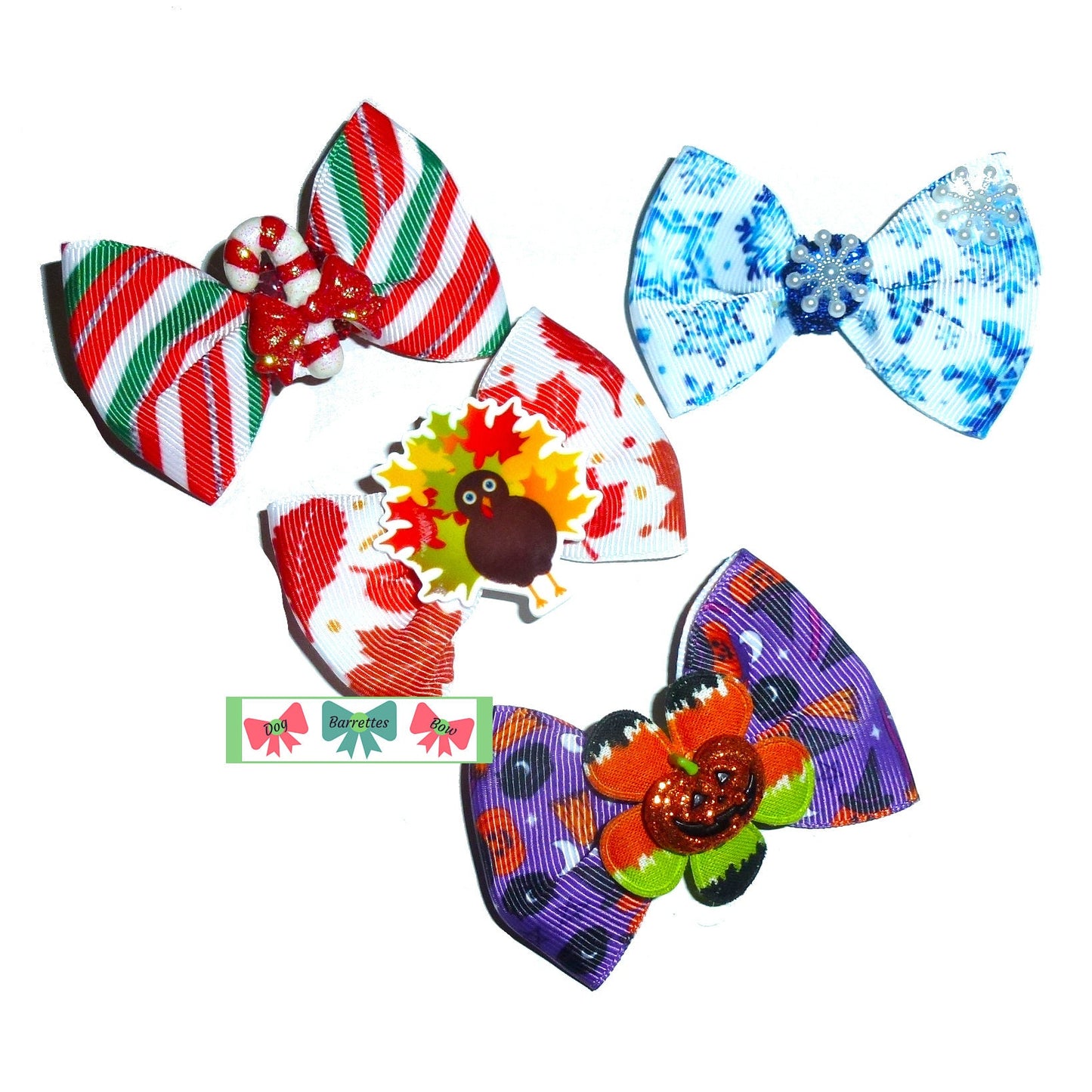 Puppy bows CHRISTmas Holiday season set dog hair bow barrettes or bands (fb608)