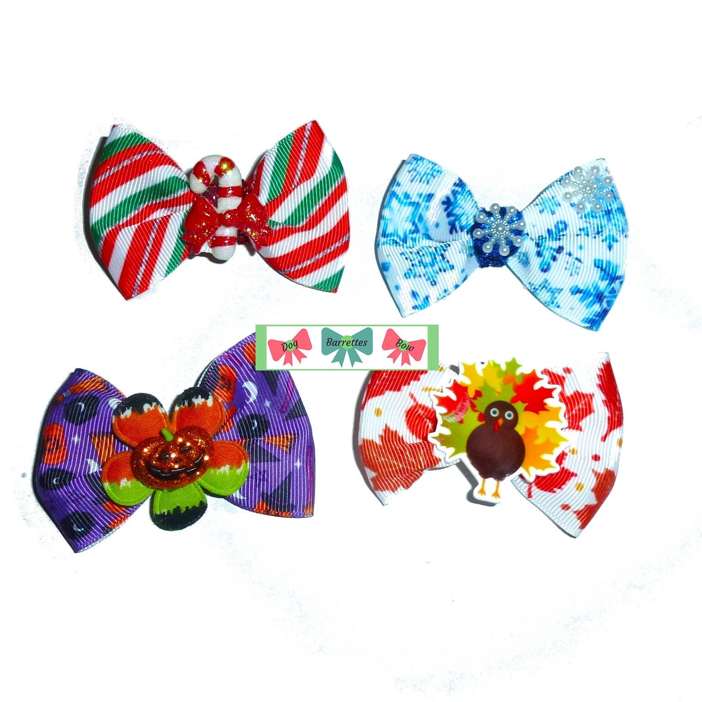 Puppy bows CHRISTmas Holiday season set dog hair bow barrettes or bands (fb608)