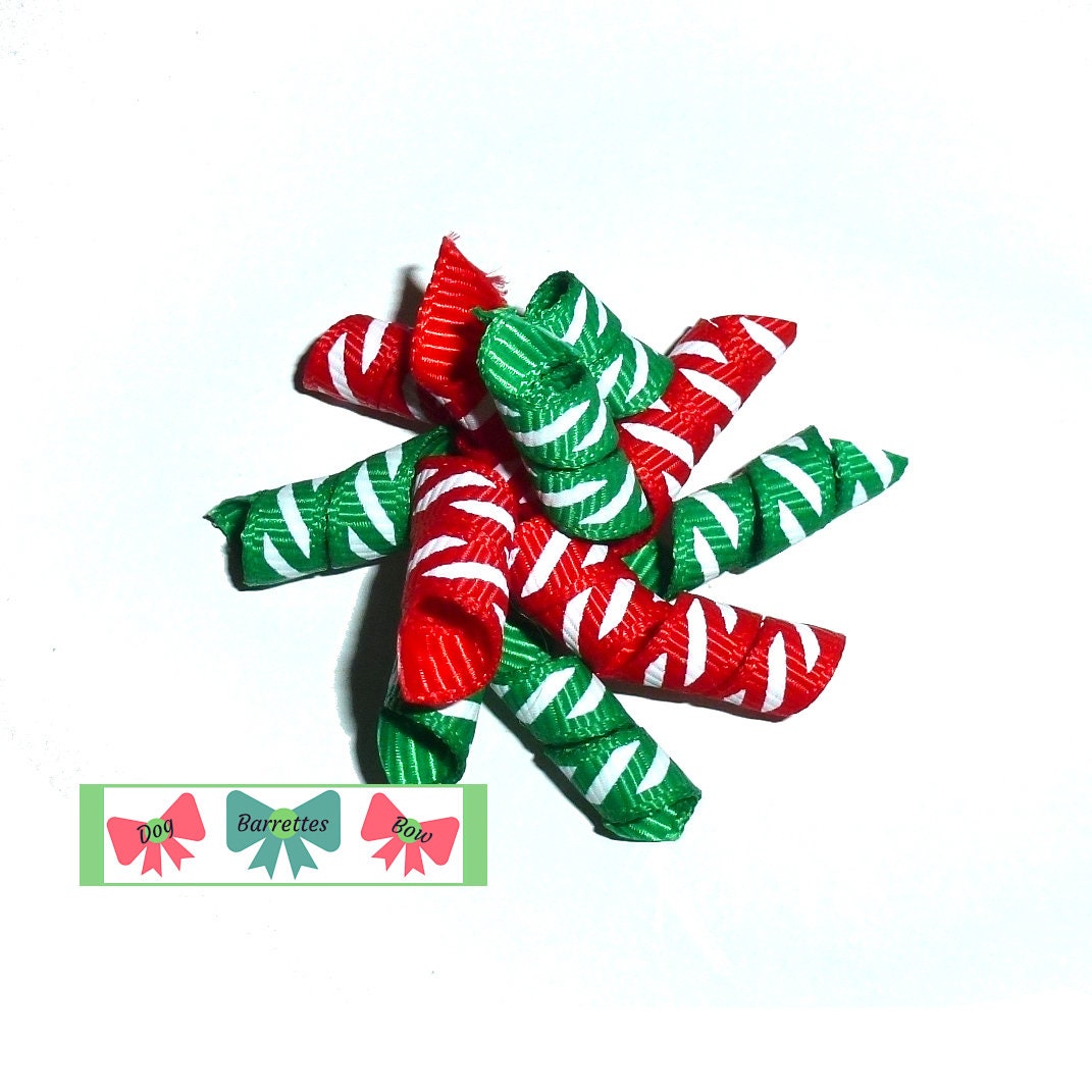 Puppy Bows red green Christmas candy mini Korker loop dog bow pet hair clip barrette or latex bands corky curly corker