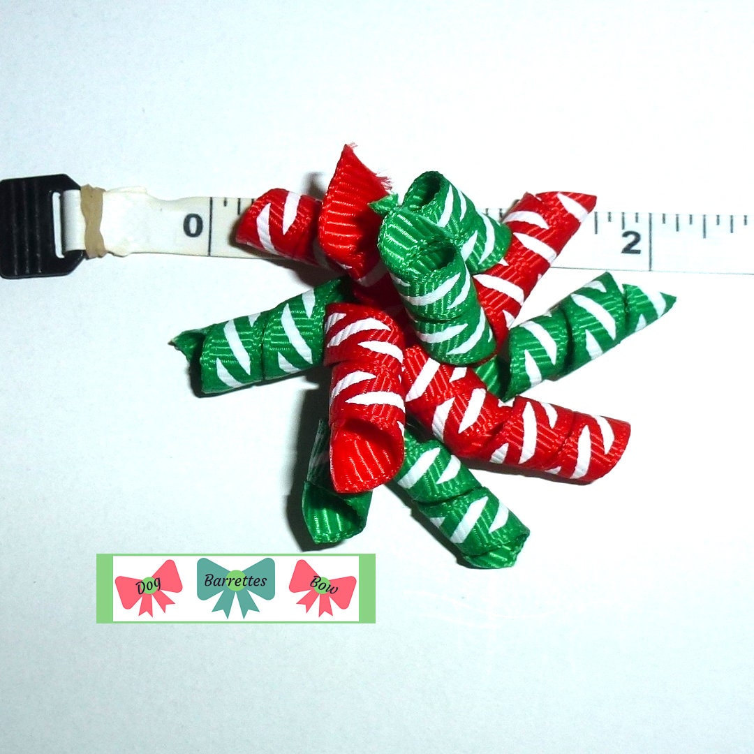 Puppy Bows red green Christmas candy mini Korker loop dog bow pet hair clip barrette or latex bands corky curly corker