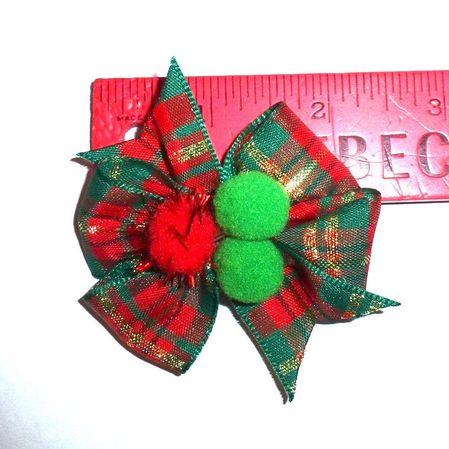 Puppy Bows ~ Christmas plaid pom poms windmill bow pet hair latex bands or clip dog Collar slide (fb78)