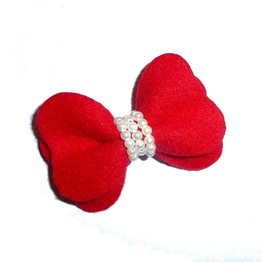Puppy Dog Bows ~ Red velvet and pearls pet hair bow barrettes  (fb35)