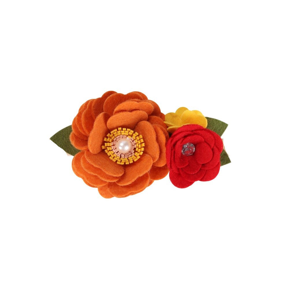 Puppy Dog Bows ~ Orange/red rose flower felt pet hair bow collar slide accessory barrette (DC39)