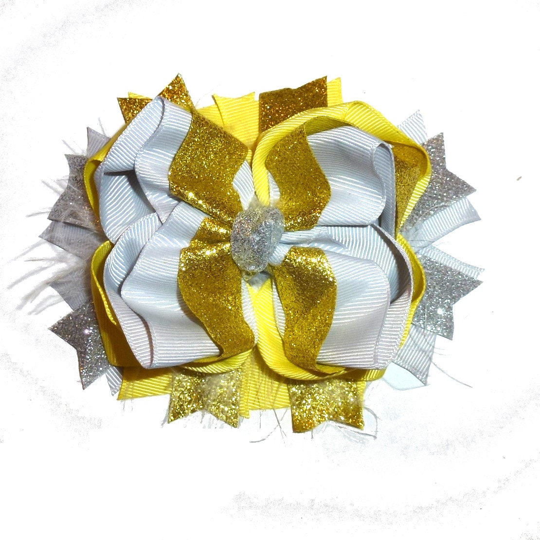 Puppy Bows ~ Yellow Gold feather glitter bow 5" big bowknot bow bands or barrette or collar slide (DC45)