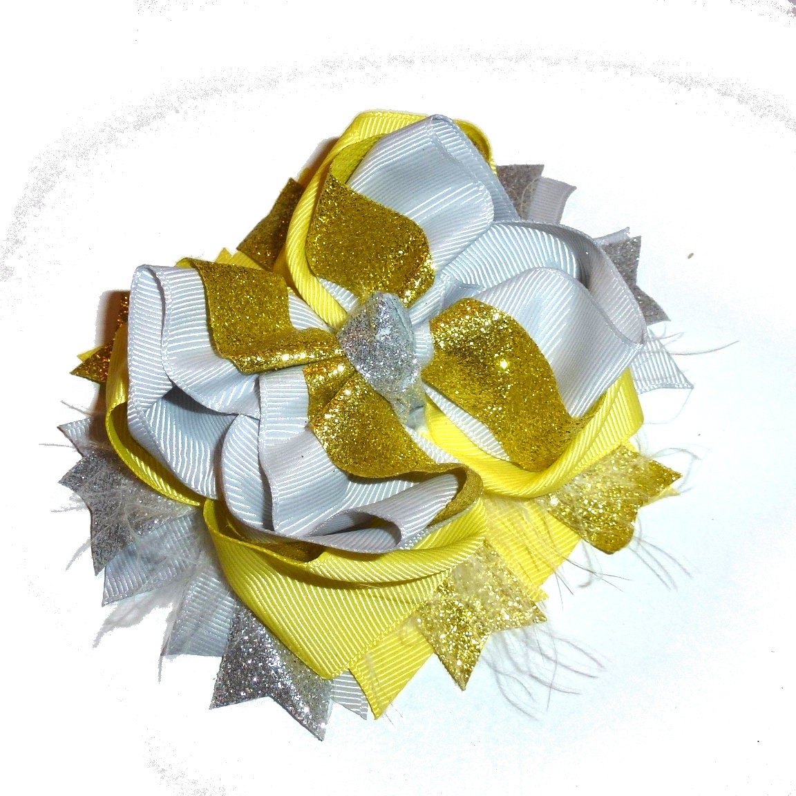 Puppy Bows ~ Yellow Gold feather glitter bow 5" big bowknot bow bands or barrette or collar slide (DC45)