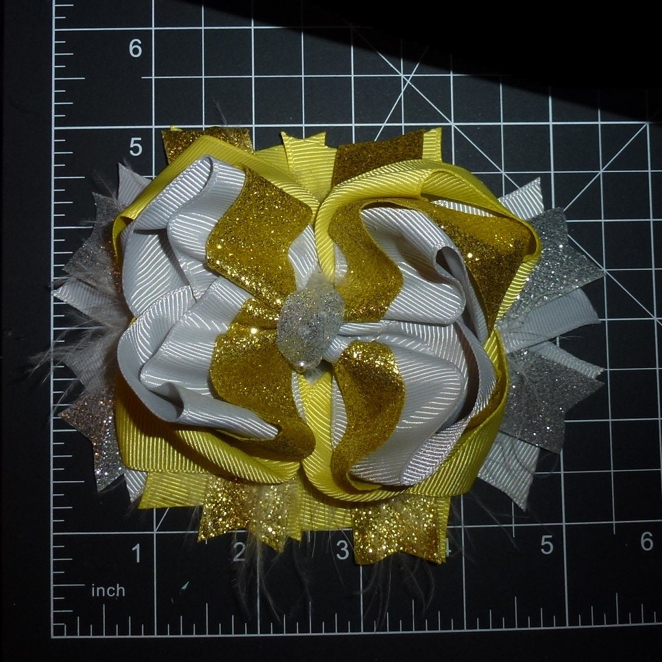 Puppy Bows ~ Yellow Gold feather glitter bow 5" big bowknot bow bands or barrette or collar slide (DC45)