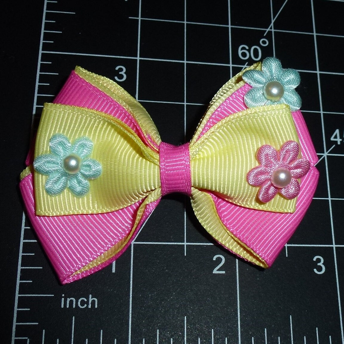 Puppy Bows ~ Yellow pink flowers pet dog hair bow barrette, collar slide accessory or latex bands (FB438A)