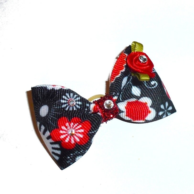 Puppy bows red black floral bowtie shape pet hair bow barrettes or bands (fb424)