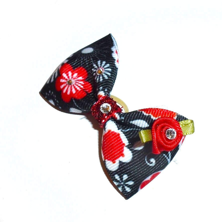Puppy bows red black floral bowtie shape pet hair bow barrettes or bands (fb424)