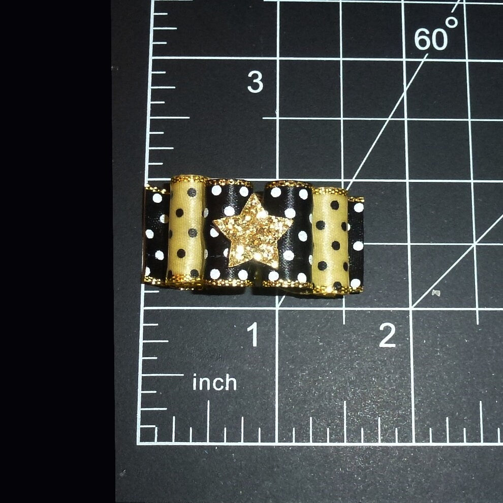 Puppy Bows ~ Gold black dot stiffened show pet hair bow latex bands or barrette (fb416G)