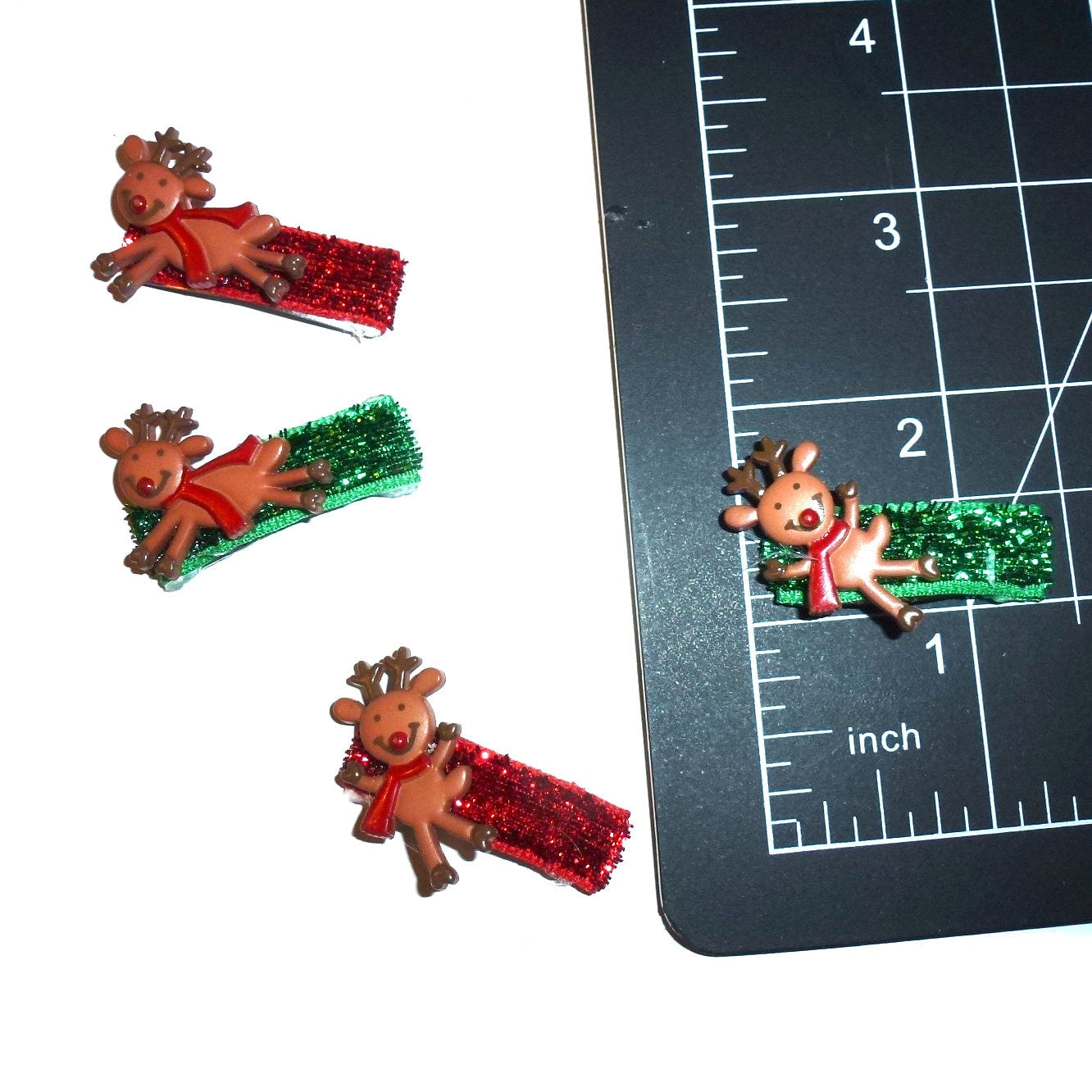 Christmas TWO Prancing Reindeer men red green glitter snap clip barrette pet hair dog bow (fb361H)