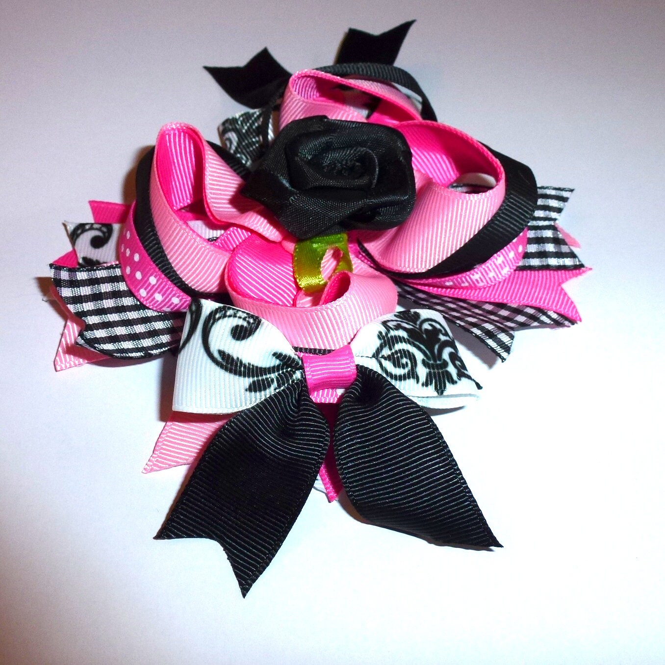 Puppy Bows ~ Pink black roses swirls over the top amazing! dog collar slide flower barrette hair accessory ~USA seller (DC8)