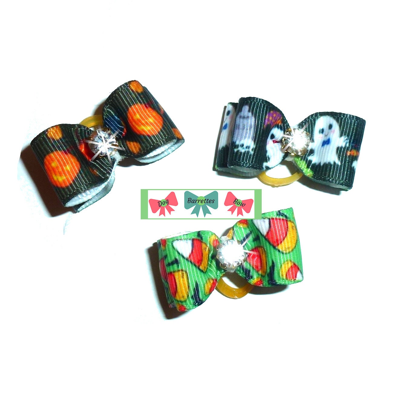 Halloween pumpkin candy corn pet dog bows rhinestone hair bow barrettes or bands (fb600)