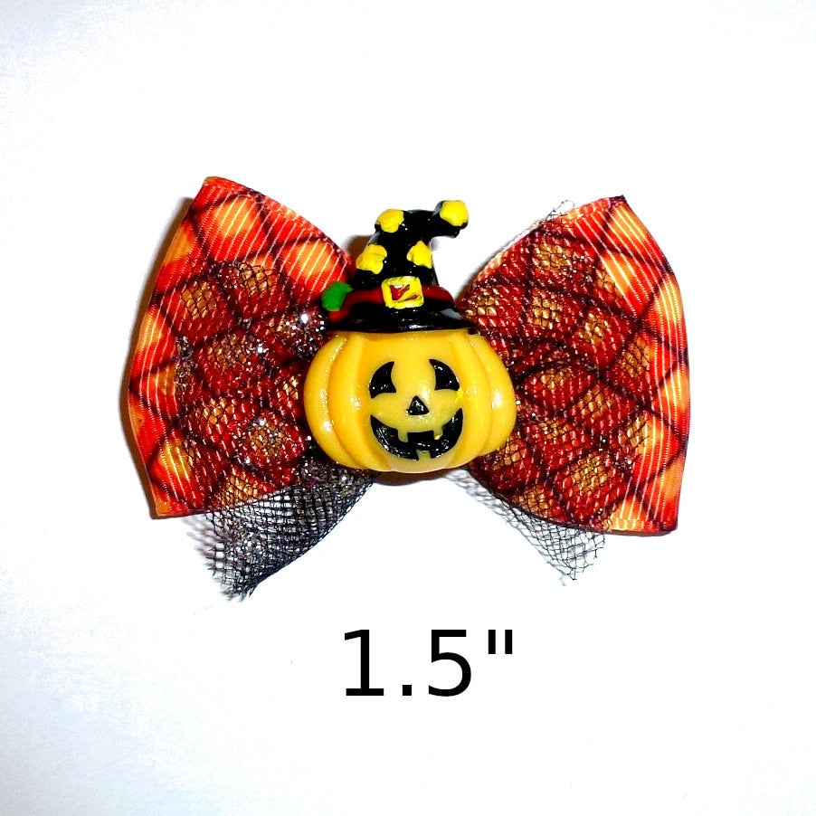 Halloween pumpkin pet hair bows black orange plaid hair bow barrettes or bands or dog collar slide (fb99a)