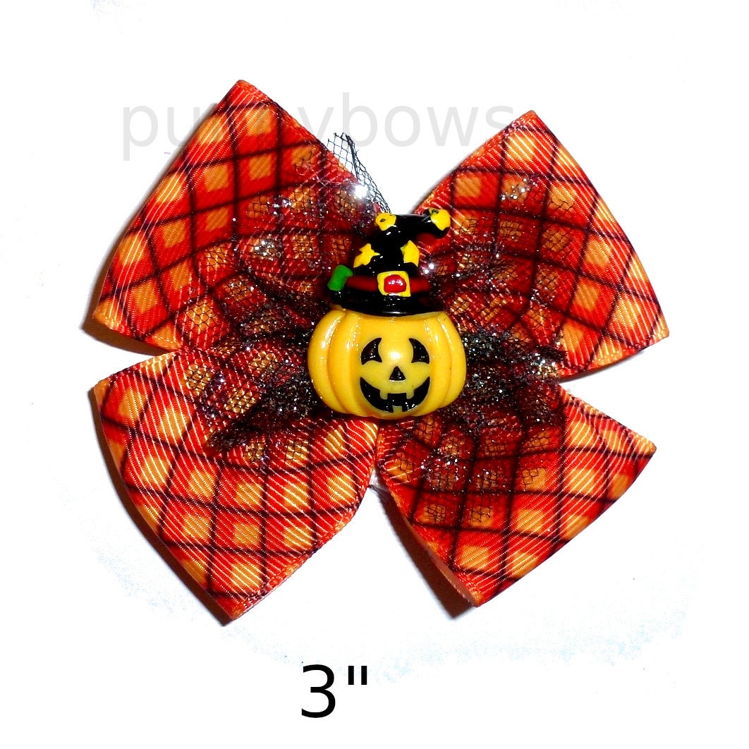 Halloween pumpkin pet hair bows black orange plaid hair bow barrettes or bands or dog collar slide (fb99a)