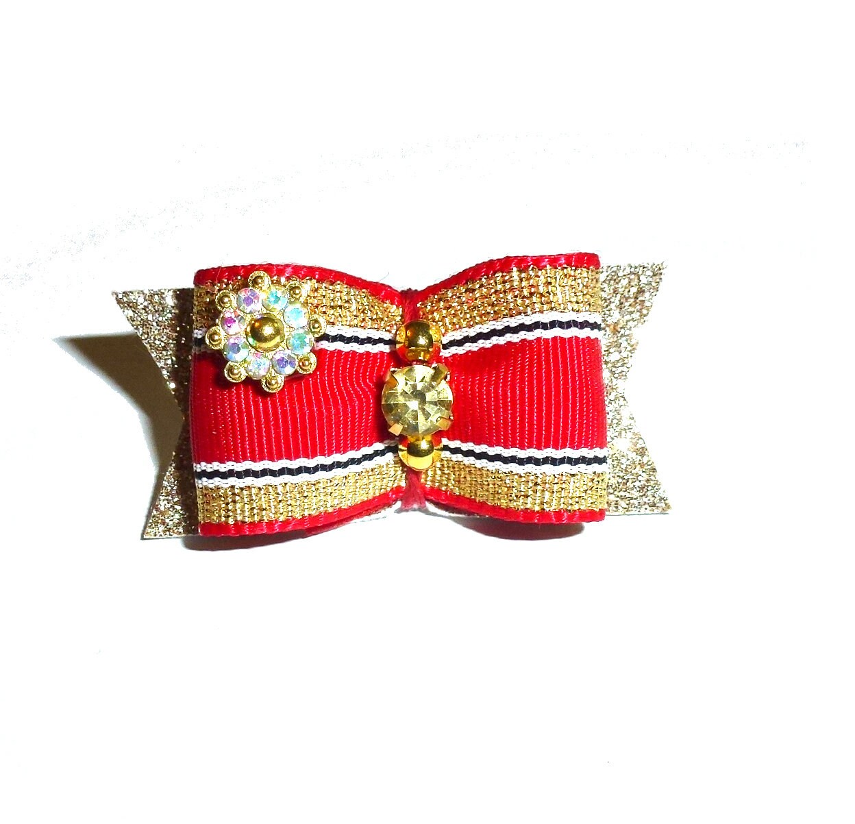 Puppy Dog Bows ~ Red/gold show with rhinestone center pet hair bow barrettes (fb5)