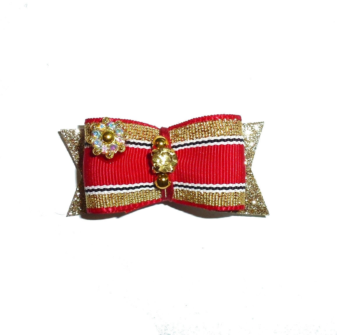Puppy Dog Bows ~ Red/gold show with rhinestone center pet hair bow barrettes (fb5)