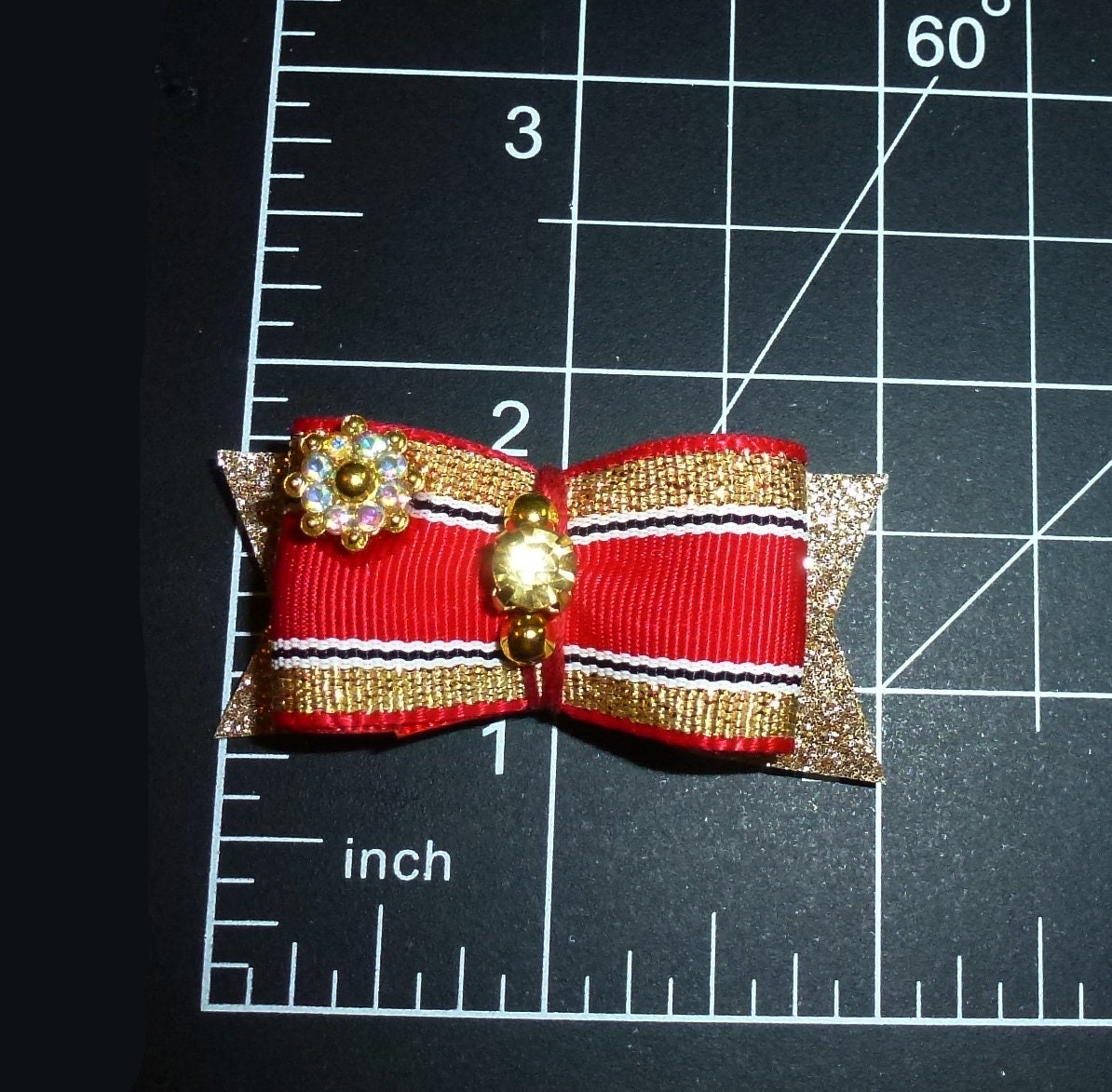 Puppy Dog Bows ~ Red/gold show with rhinestone center pet hair bow barrettes (fb5)
