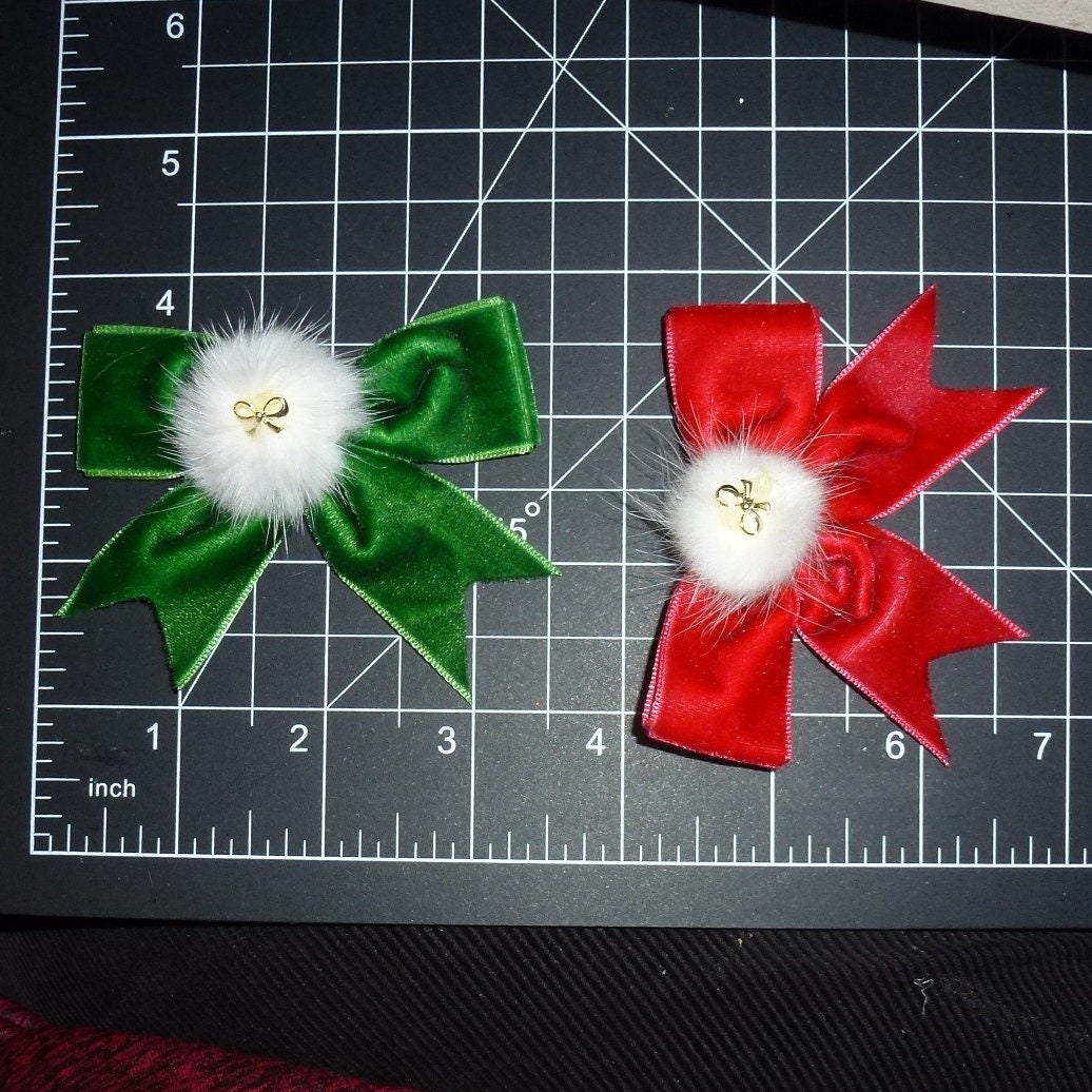 Christmas 3" velvet feather puff bow tie collar slide or hair bow ~USA seller (Fb440)