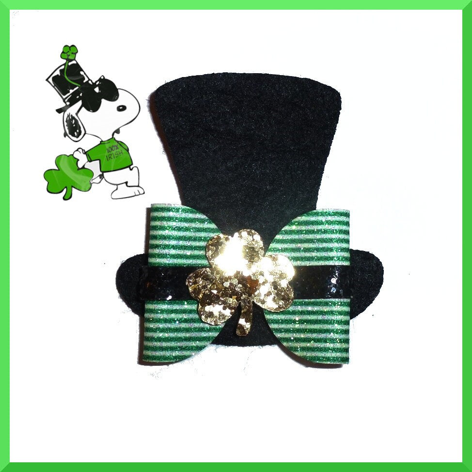 Puppy Bows St. Patrick's day Leprechaun hat glitter 2" glitter pet hair bow (fb553)