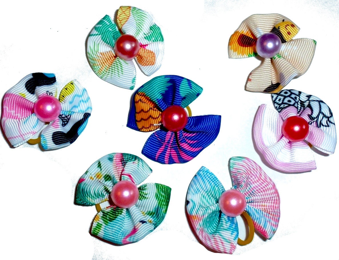 Puppy Bows ~ 6 assorted Hawaiian flower pet hair bow ~Usa seller (fb223)