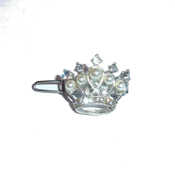 Puppy Bows ~ TINY 3/4" rhinestone pearl crystal crown dog bow pet hair clip topknot barrette (fb283)