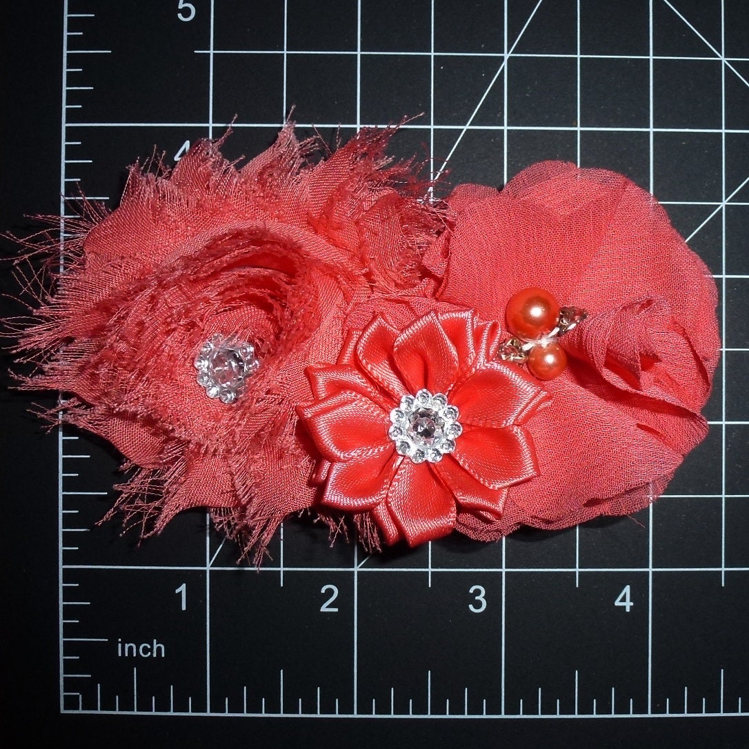 Puppy Bows ~ Dog collar slide bow large dog hair bows dark peach pink light coral lace and rhinestones ~USA seller (dc7)